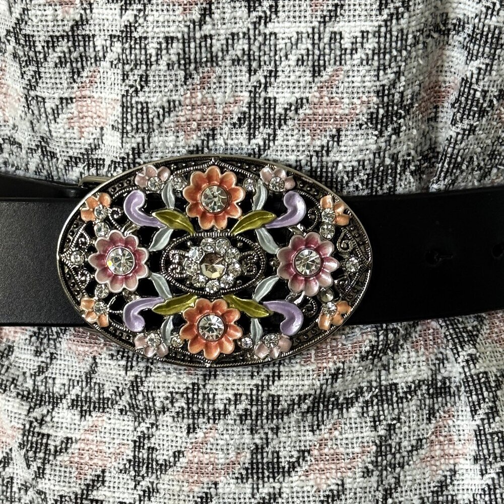 Volcom Large Belt Women's Dark Brown Leather XL Multicolor Floral Enamel Crystal
